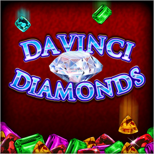 Authentic vegas slot machine Davinci Diamonds with shiny diamond and multi color gems falling into a pile