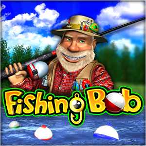 Fishing Bob online slot character in front of floating bobbers on a river in the woods