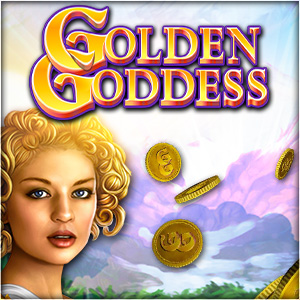 Golden Goddess slot blonde greek women in front of mountain landscape and falling golden coins