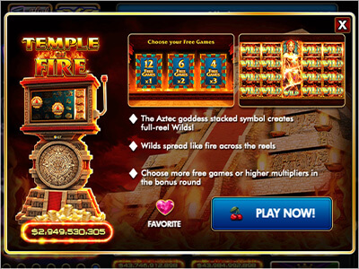 List Of Tips For Temple Of Fire Online Casino Game With Light Color Screenshots, Slot Machine and Blue Play Now Button.