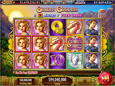 Golden Goddess Online Vegas Slot Golden Reels In Front Of A Bright Green Summer Valley