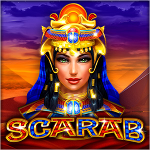 Blue-Eyed Egyptian Queen With Golden Headdress In Front Of Golden Pyrimids Scarab Online Free Slots
