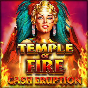 Temple of Fire Cash Eruption real Vegas slot Aztec queen with blue headpiece looking down at red flaming fire