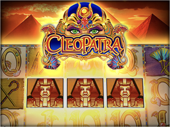 Egyptian Online Slot With Golden Hieroglyphs Reels, Sunset Pyrimid Background And Queen Cleopatra's Face With A Golden Headpiece.