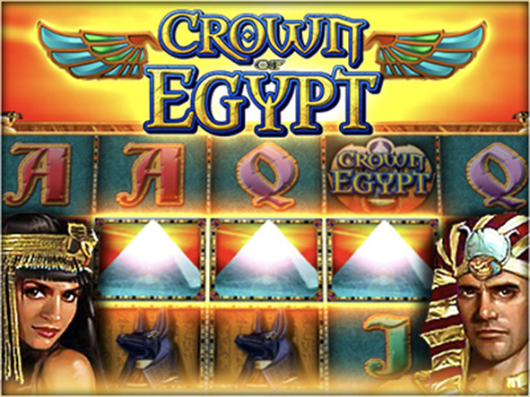 Egyptian King and Queen Standing On Either Side Of Warm Colored Crown Of Egypt Online Slot Reels With Hieroglyphs.