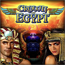Colorful Crown Of Eygypt Online Slot Logo With Scarab and Egyptian King And Queen To Either Side Dressed In Gold Attire.
