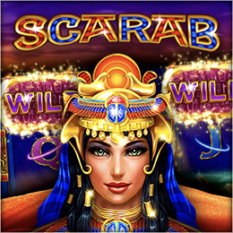 Scarab Online Free Slots Reels With Blue-Eyed Egyptian Queen Wearing Golden Headdress In Front Of Golden Pyrimids.