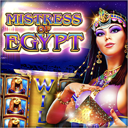 Mistress Of Egypt Online Slot Reels With Egyptian Queen Dressed In Purple and Gold Summoning A Pyrimid.