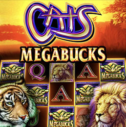 MegaBucks And Cats Online Slot Casino Game With Lion And Tiger on Each Side And V-Shape Win Reels In Front Of African Savannah Setting