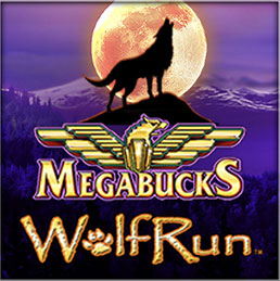 MegaBucks And Wolf Run Online Slot Casino Game With Large Moon At Night And Wolf Howling Silhouette